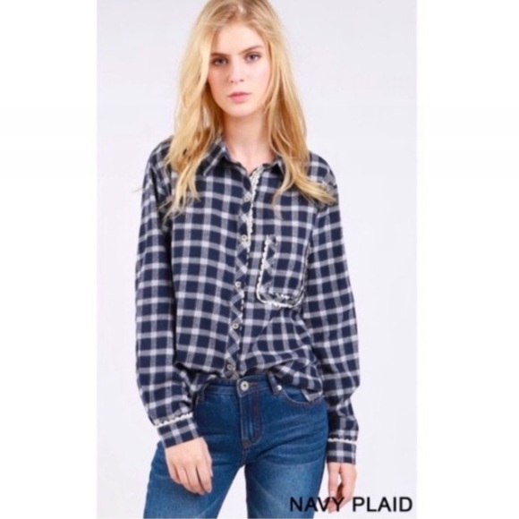 #3600 POL Comfy Navy Plaid Top With Crochet Lace - Picture 10 of 16